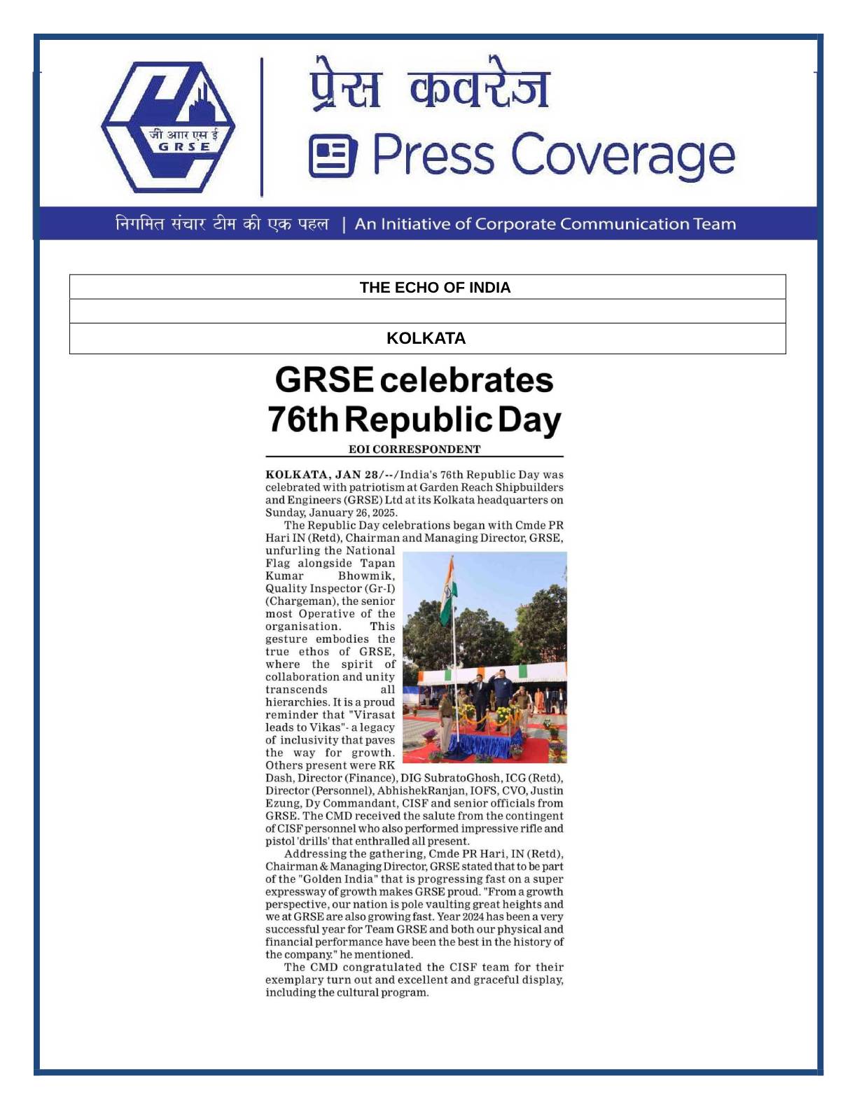 Press Coverage : GRSE celebrates 76th Republic Day